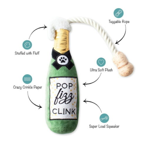 Fringe Studio Christmas Pop Fizz Clink dog toy features